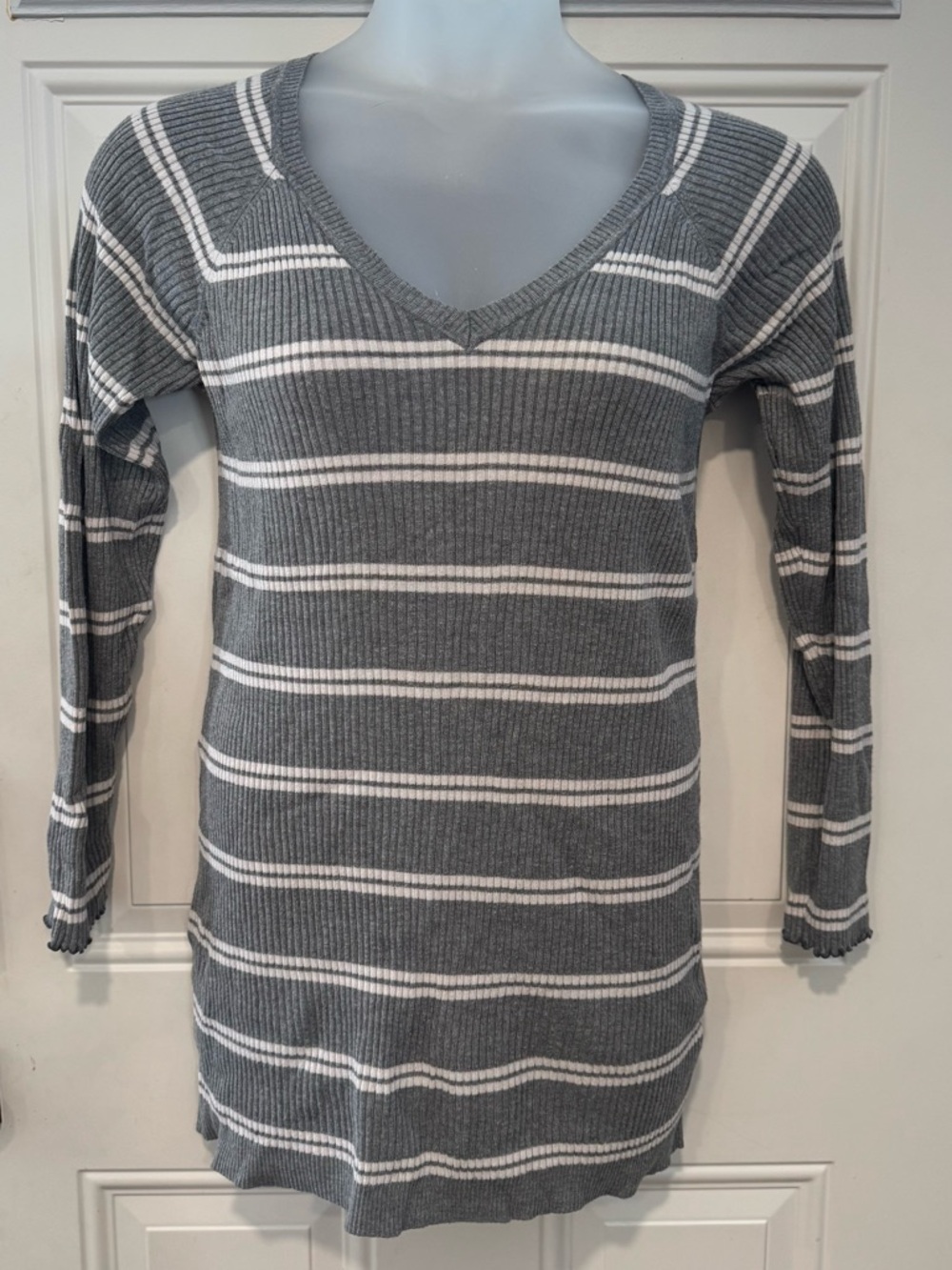 Gray & White Striped V-Neck Women's Top